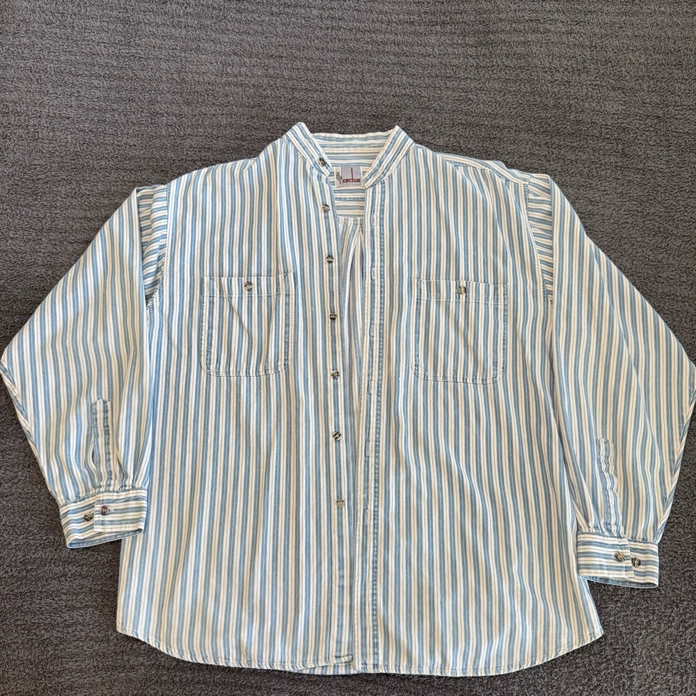🔥80s Cactus Blue & White Stripe Western Work Shirt XL – Made in Kuwait 1980s
